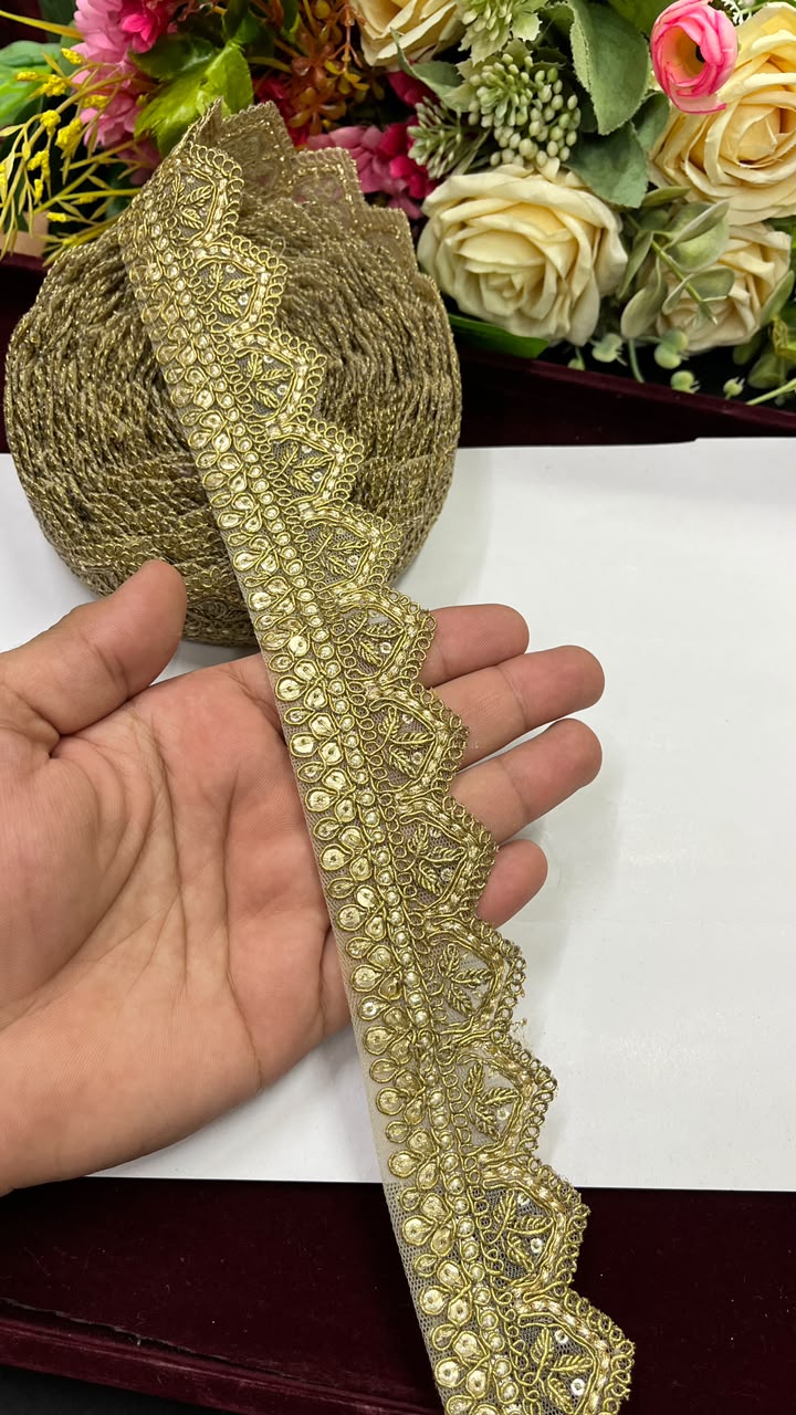 Golden Sequin Work Embroidered Saree Lace for Sarees, Lehengas, Dupattas & Blouses – Designer Gold Embroidery Lace Border (1.5 Inch) | DC1074 | Antique