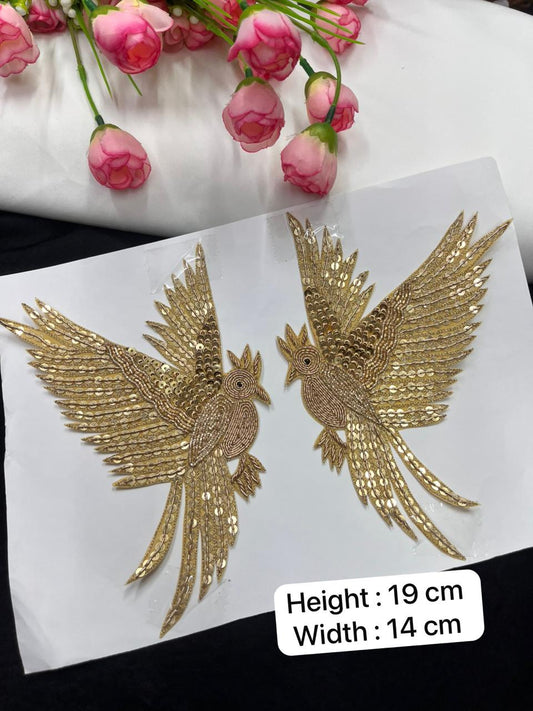 Handcrafted Zardozi & Sequins Bird Patch Applique Set for Sarees, Blouses & Dresses – Designer Embroidered Bird Motif (2 Pieces) | Antique