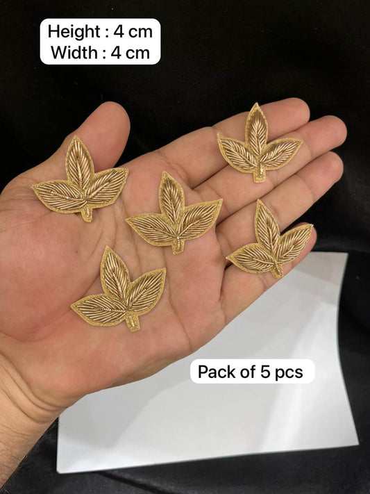 Handcrafted Zardozi Leaf Applique Patch Set for Sarees, Lehengas & Blouses – Designer Embroidered Leaf Motif (5 Pieces) | Antique