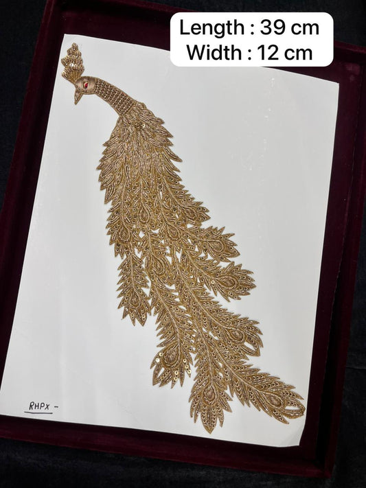 Handcrafted Zardozi Peacock Patch Applique for Sarees, Blouses & Dresses – Designer Embroidered Peacock Motif | Antique