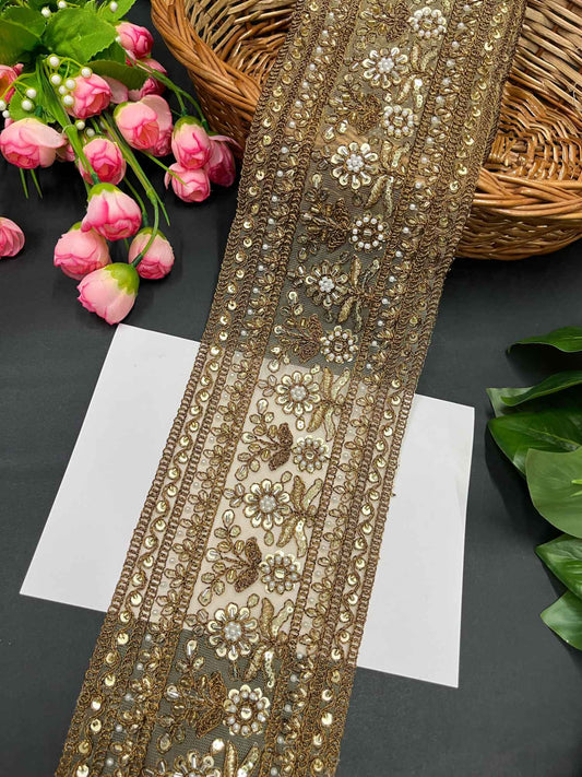 Handcrafted Exquisite Embroidered Cutdana Bridal Lehenga Border – 9 Meters, 5-Inch Maggam Work Lace | Antique
