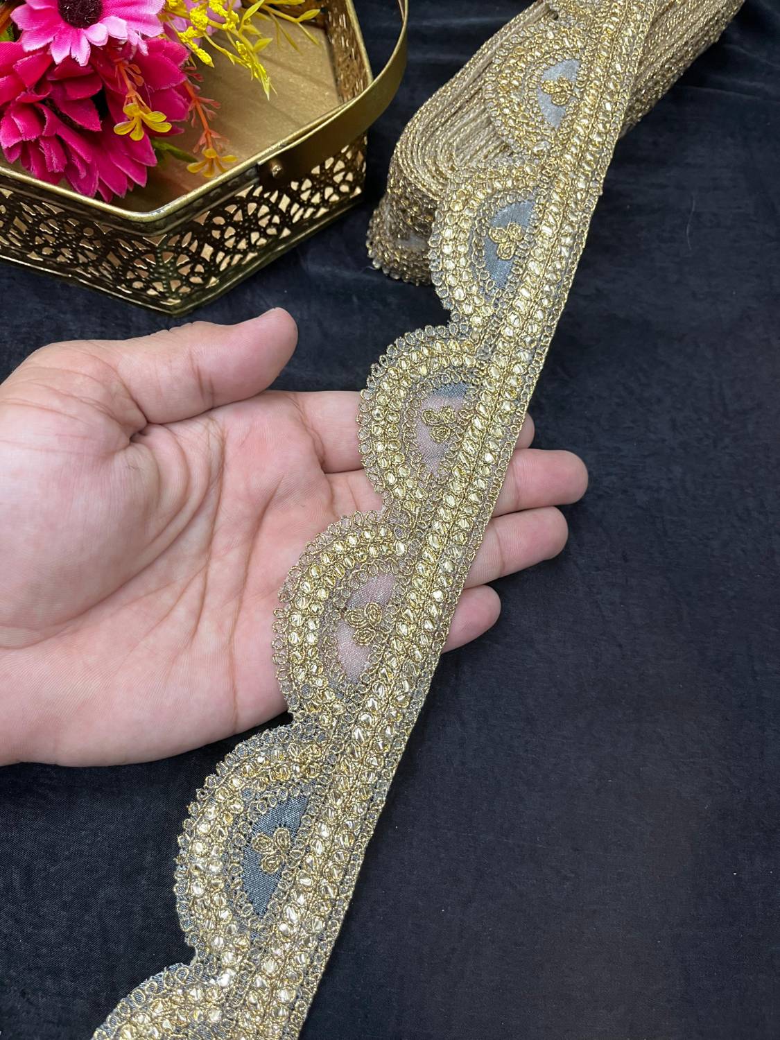 Gold Scallop Embroidered Zari Lace for Sarees & Craft – Elegant Golden Border Trim (9 Meter, 2 Inch Width) | Antique