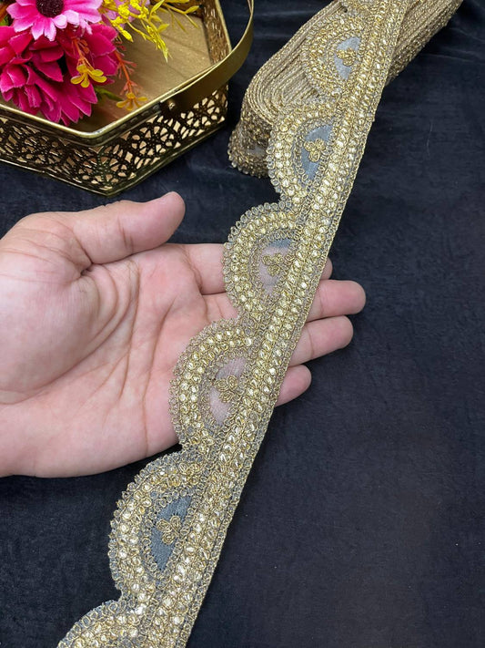 Gold Scallop Embroidered Zari Lace for Sarees & Craft – Elegant Golden Border Trim (9 Meter, 2 Inch Width) | Antique
