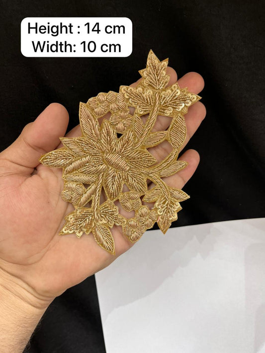 Handcrafted Leaf Zardozi Patch for Sarees, Lehengas & Blouses – Designer Embroidered Leaf Applique Patch | Antique Color