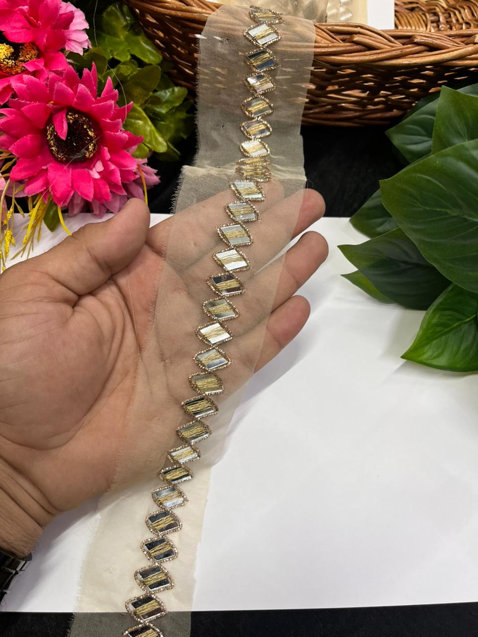 Real Mirror Handwork Lace – Premium Half Inch Handmade Decorative Border for Ethnic & Festive Wear (9 Meter) | Antique