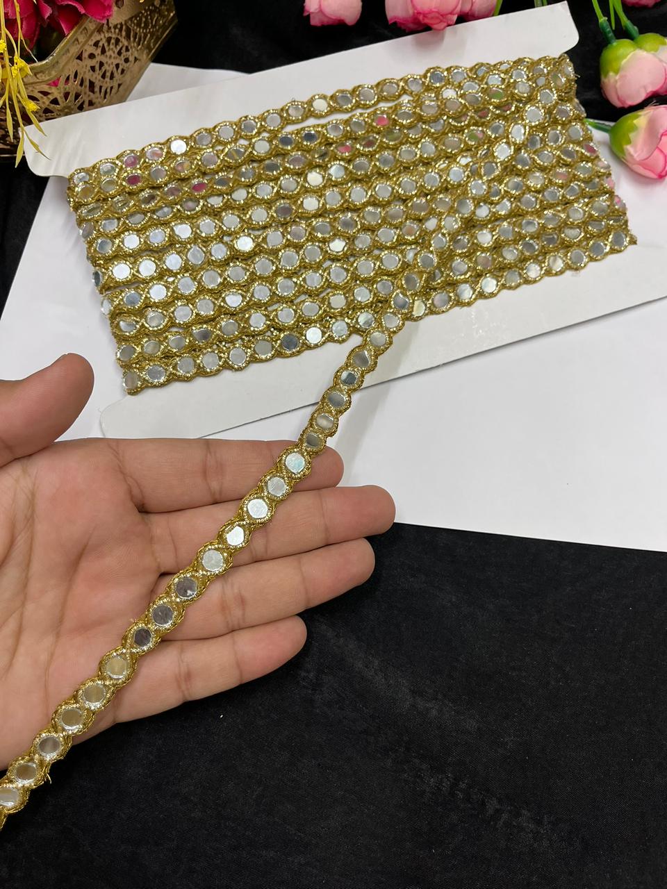 Handmade Real Mirror Work Lace Border for Sarees, Blouses & Dresses – Designer Mirror Lace Trim (Half Inch) | Antique