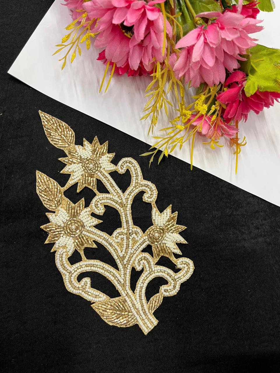 Handcrafted Beaded Cutwork Patch Gold Applique for Sarees, Blouses & Dresses – Designer Embroidered Applique Patch | Antique