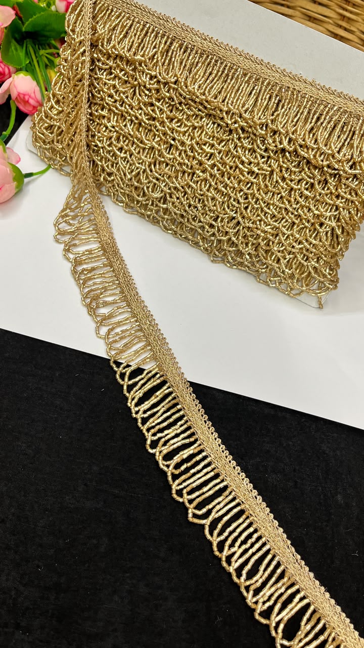 Handmade Cutdana Latkan Lace for Sarees, Lehengas, Dupattas & Blouses – Designer Handcrafted Cutdana Hanging Lace Border (1 Inch) | DC1067 | Antique