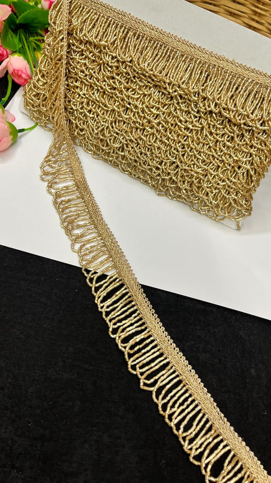 Handmade Cutdana Latkan Lace for Sarees, Lehengas, Dupattas & Blouses – Designer Handcrafted Cutdana Hanging Lace Border (1 Inch) | DC1067 | Antique