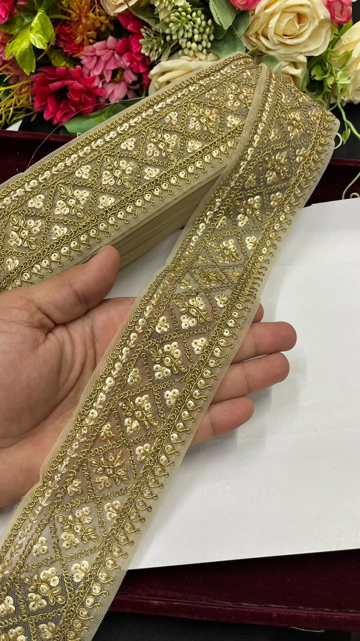 Golden Sequin Work Embroidered Saree Lace for Sarees, Lehengas, Dupattas & Blouses – Designer Gold Embroidery Lace Border (2.5 Inch) | DC1072 | Antique