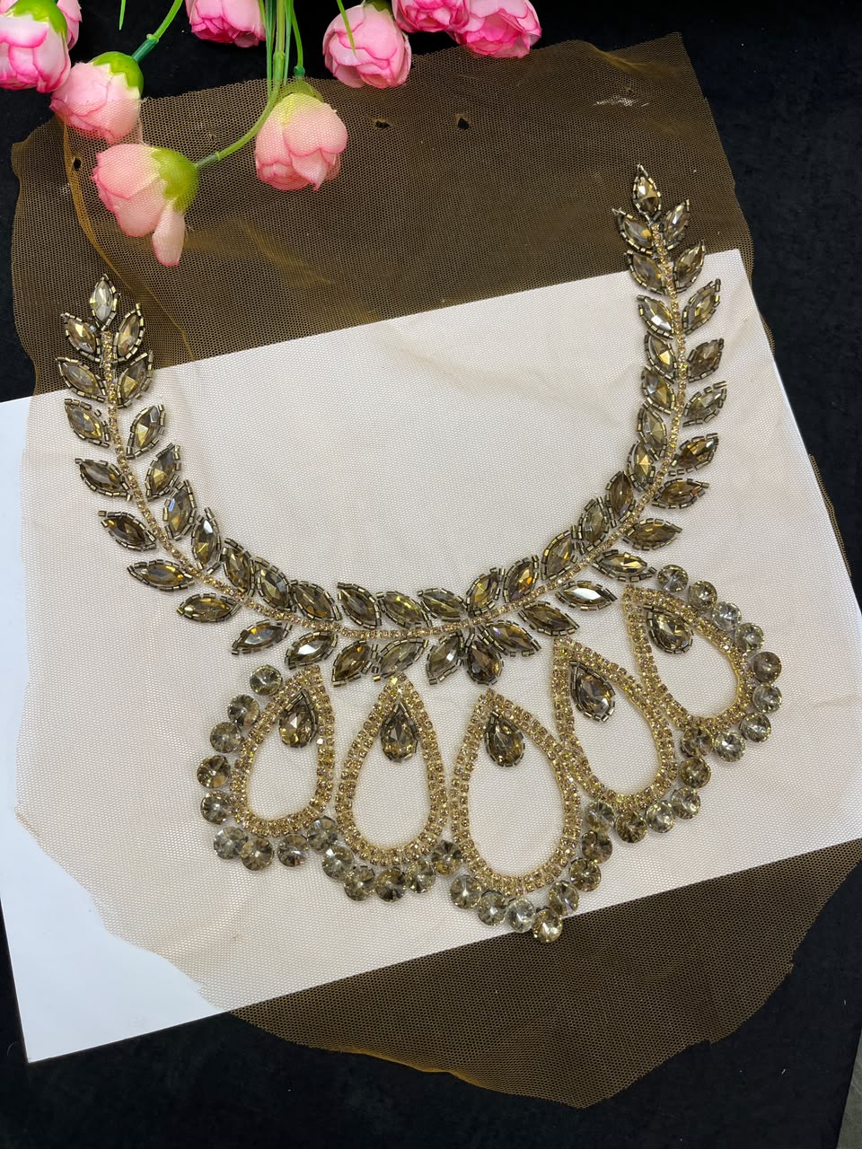 Handmade Crystal Neck Patch for Kurtis, Dresses & Blouses – Designer Handcrafted Crystal Embellished Neckline Applique | DC1042 | Antique