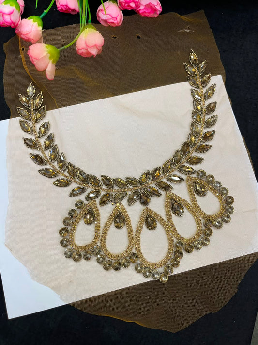 Handmade Crystal Neck Patch for Kurtis, Dresses & Blouses – Designer Handcrafted Crystal Embellished Neckline Applique | DC1042 | Antique