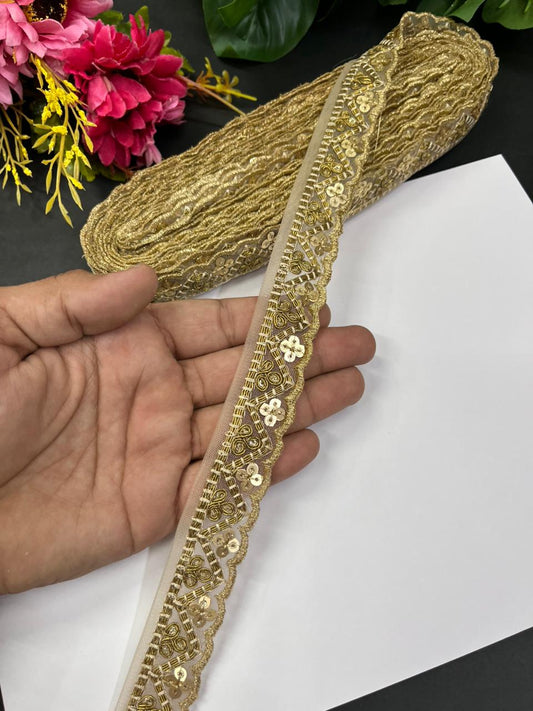 Zari Embroidery Designer Lace – Premium 1 Inch Gold Embroidered Border for Sarees, Dupattas, Lehengas & Suits (9 Meter) | Antique