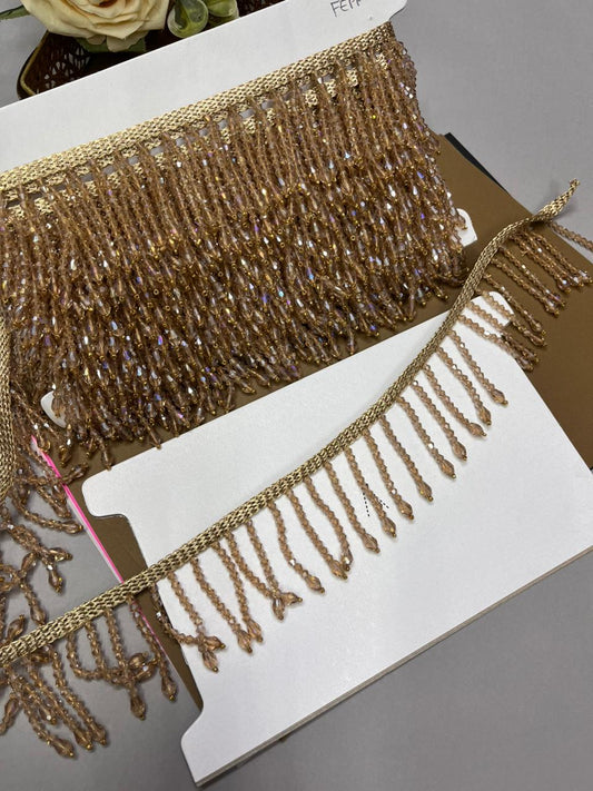 Handmade Crystal Hanging Lace Trim – Designer Crystal Tassel Latkan Lace Border for Sarees, Dupattas & Lehengas (9 Meter, 2 Inch Width) | Antique