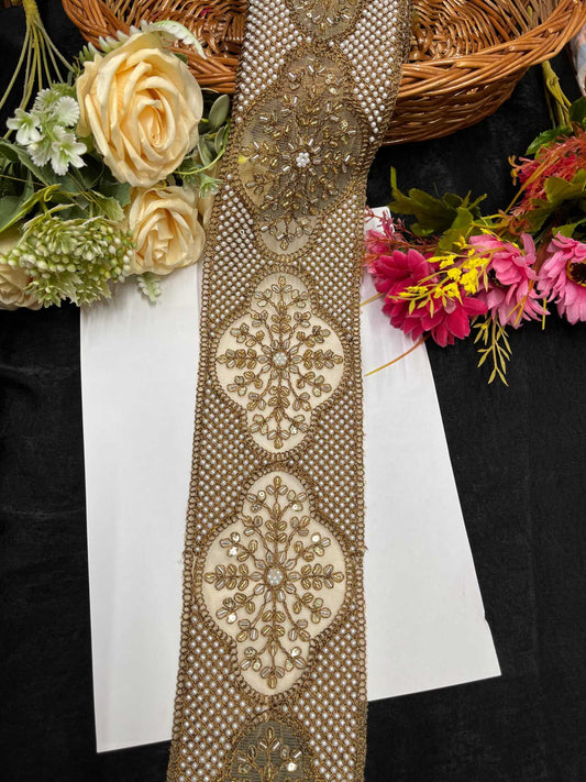 Beaded Designer Lace Trim for Lehengas & Sarees – 9 Meters, 4-Inch Heavy Embellished Saree Laces Border | Antique