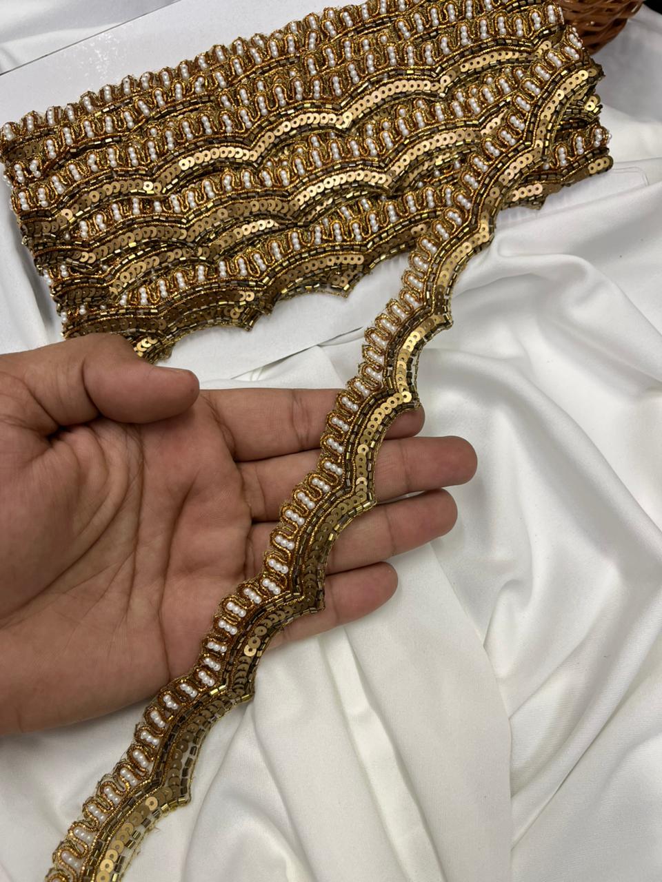 Scalloped Handmade Sequins Zardozi & Pearl Lace for Sarees, Kurtis & Dresses – Designer Embroidered Lace Border | Antique