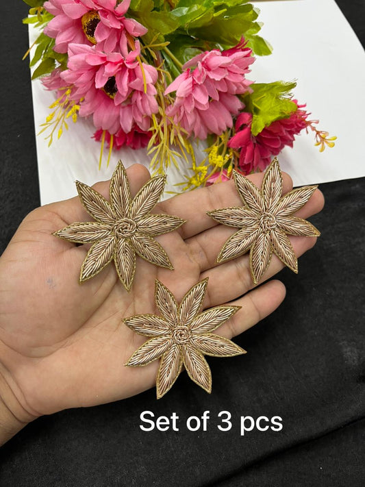 Beautiful Handcrafted Zardozi Flower Patch Applique Set of 3 for Sarees, Blouses & Dresses – Designer Floral Embroidery Patch | Antique