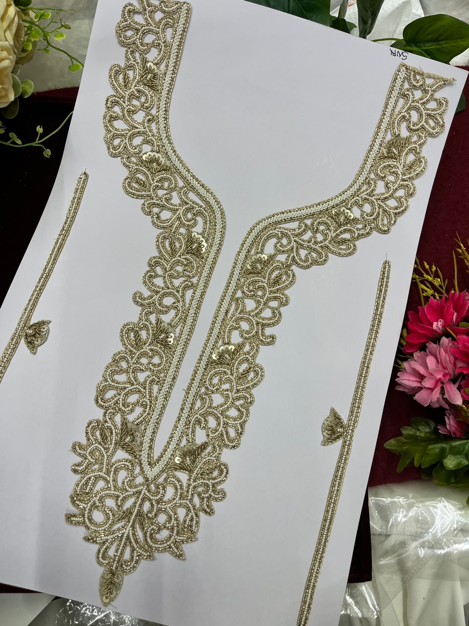 Handmade Bead Work Neck Patch for Kurtis, Dresses & Blouses – Designer Handcrafted Beaded Neckline Applique | DC1004 | Antique