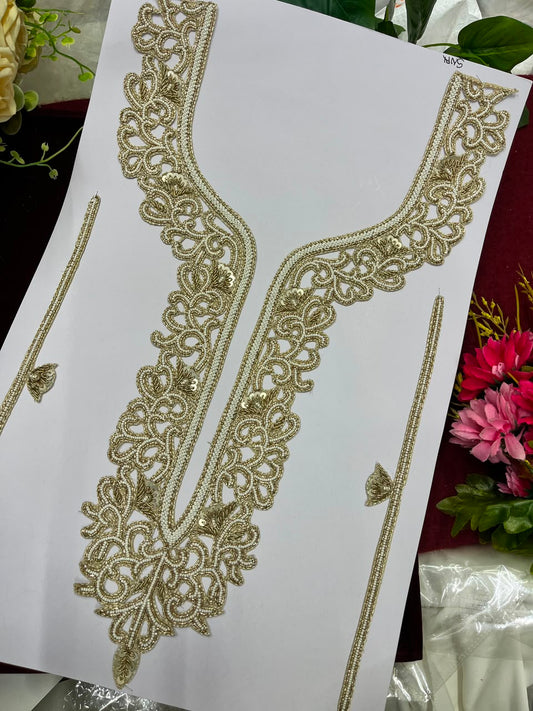 Handmade Bead Work Neck Patch for Kurtis, Dresses & Blouses – Designer Handcrafted Beaded Neckline Applique | DC1004 | Antique