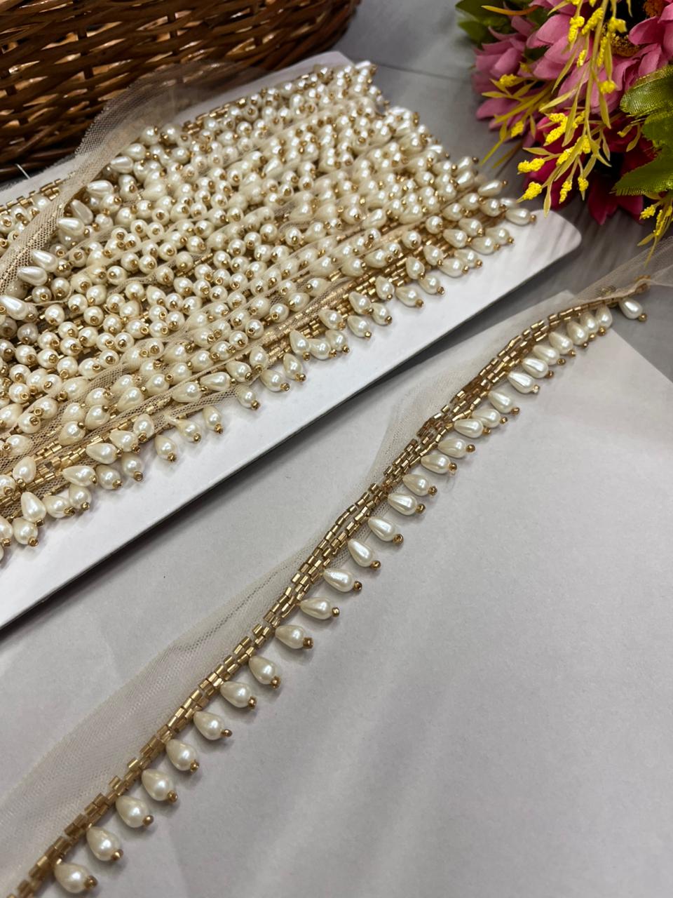 Pearl Drop Hanging Lace for Bridal Blouses & Dupattas – Elegant 1 Inch Latkan Style Decorative Border for Wedding & Festive Wear (9 Meter) | Antique