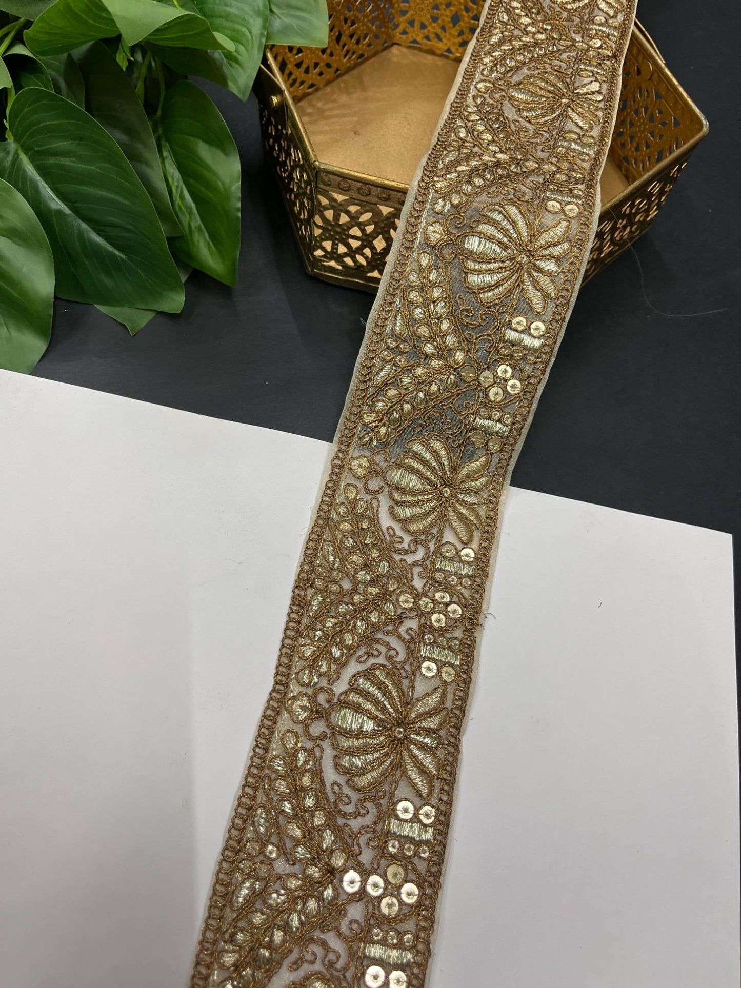 Gold Embroidered Saree Lace Borders – 9 Meters, 2-Inch Decorative Trim for Lehengas, Dupattas & Ethnic Wear | Antique