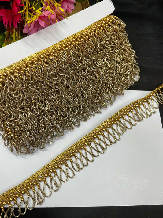 Handcrafted Zardozi Hanging Lace – Elegant Latkan Border Trim for Sarees, Dupattas & Bridal Wear (9 Meter, 2 Inch Width) | Antique