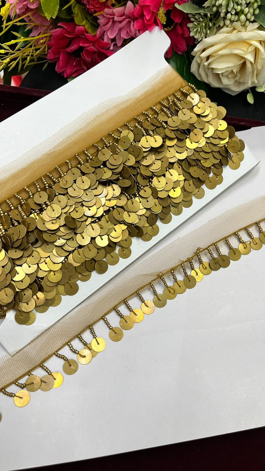 Sabyasachi Style Metal Coin Latkan Lace for Sarees, Lehengas, Dupattas & Blouses – Designer Hanging Coin Lace Border (1 Inch) | DC1070 | Antique