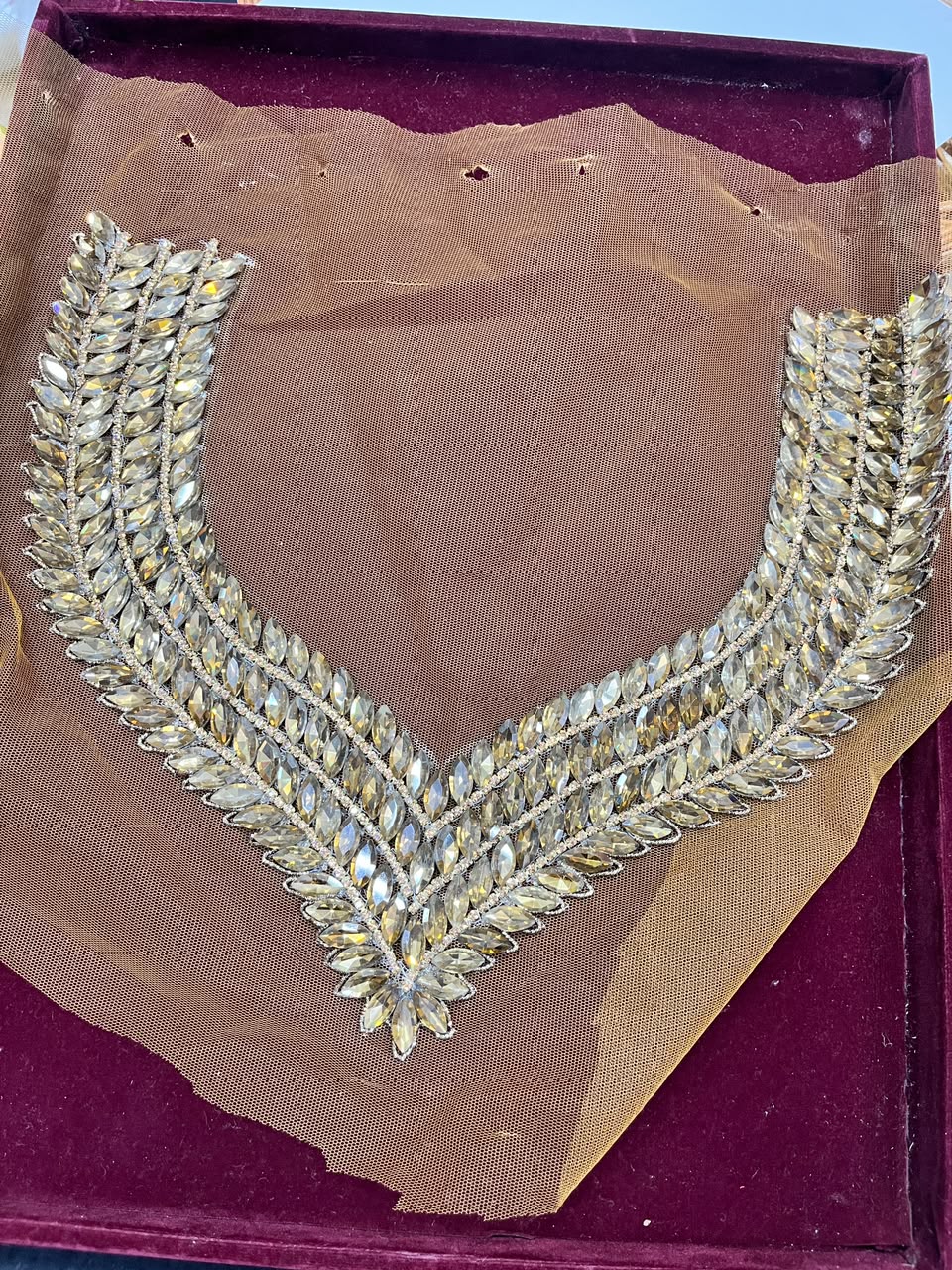Handmade Crystal Neck Patch for Kurtis, Dresses & Blouses – Designer Handcrafted Crystal Embellished Neckline Applique | DC1041 | Antique