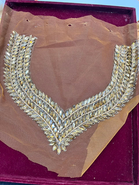 Handmade Crystal Neck Patch for Kurtis, Dresses & Blouses – Designer Handcrafted Crystal Embellished Neckline Applique | DC1041 | Antique