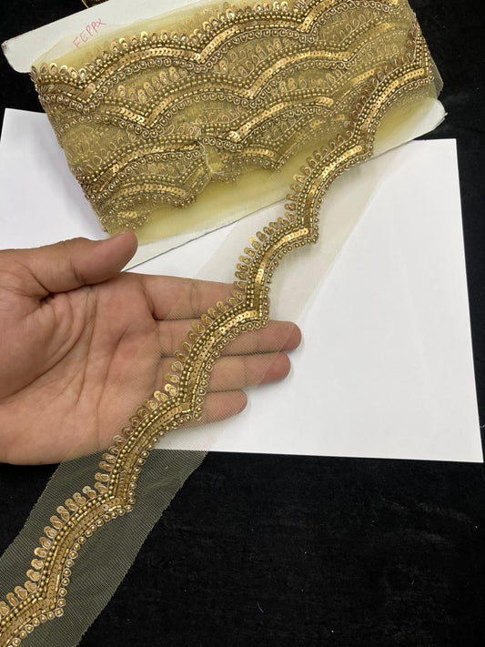 Scalloped Sequins Zardozi Lace on Net Fabric for Sarees, Kurtis & Dresses – Designer Handmade Embroidered Lace Border (1 Inch) | Antique