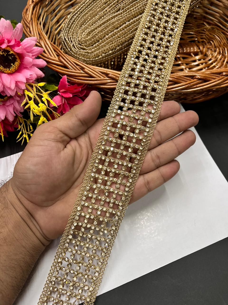 Diamond Cutwork Laces – Premium Gold Embroidery Borders for Sarees, Lehengas & Dupattas (9 Meter, 2 Inch Width) | Antique