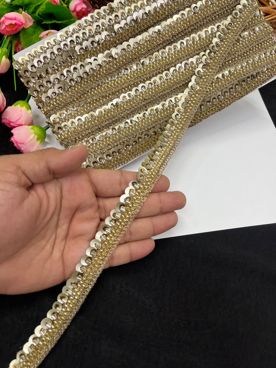 Sequence Embroidered Lace for Garments, Sarees, Lehengas & Dupattas – Designer Gold Embroidery Lace Border (Half Inch) | DC1035 | Antique