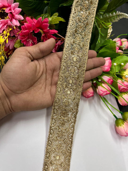 Gold Embroidered Zari Lace Trims – Premium 2 Inch Designer Border for Sarees, Dupattas, Lehengas & Festive Wear (9 Meter) | Antique