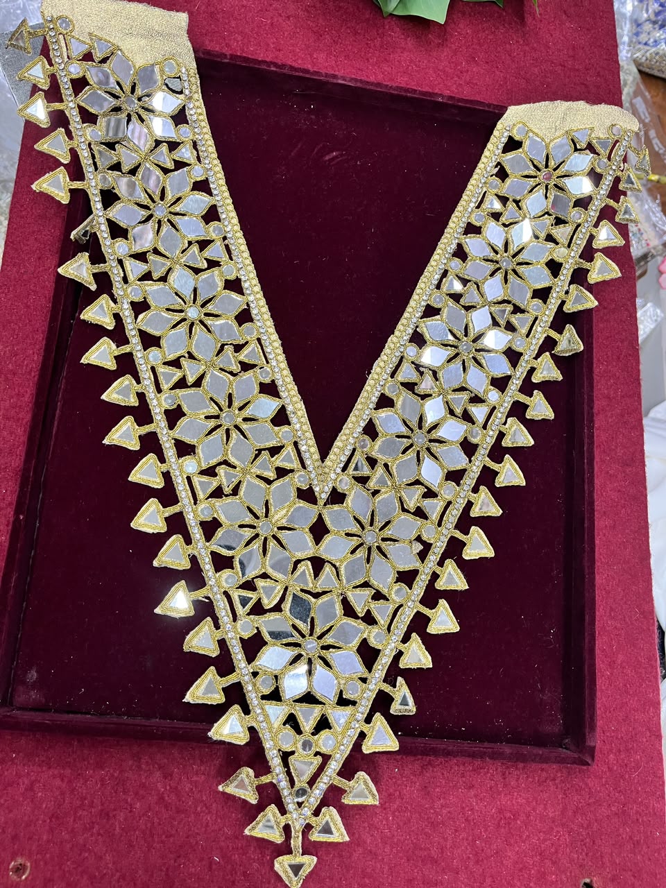 Real Mirror Work Neck Patch for Kurtis, Dresses & Blouses – Designer Handcrafted Mirror Neckline Applique | DC0987 | Antique