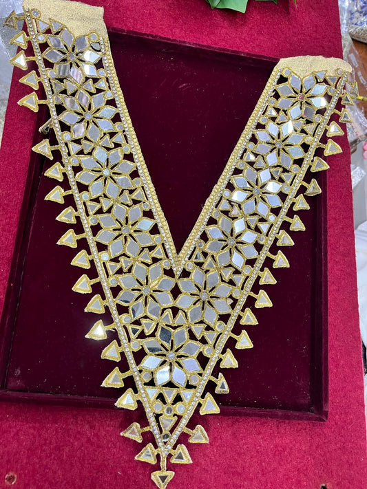 Real Mirror Work Neck Patch for Kurtis, Dresses & Blouses – Designer Handcrafted Mirror Neckline Applique | DC0987 | Antique