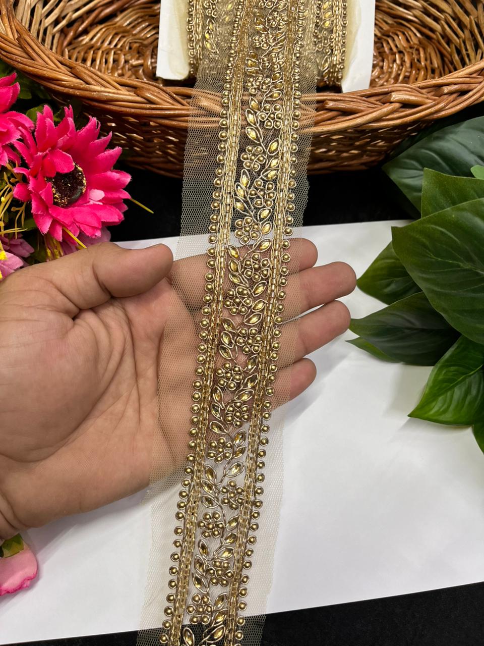 Exclusive Handmade Lace on Net Fabric – Premium 1.5 Inch Decorative Border for Ethnic & Festive Wear (9 Meter) | Antique