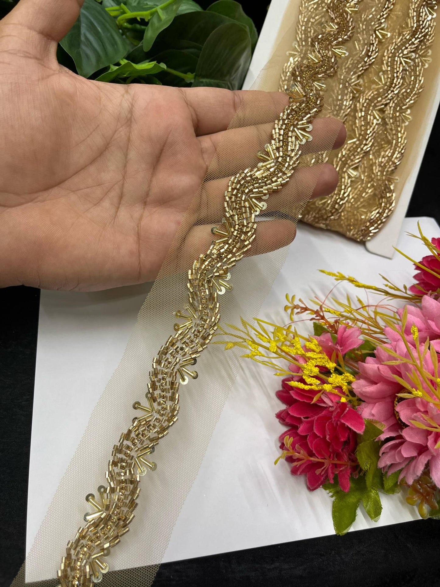 Handcrafted Cutdana & Diamond Lace Border on Net Fabric – 9 Meters, 1-Inch Embellished Trim for Sarees & Lehengas | Antique