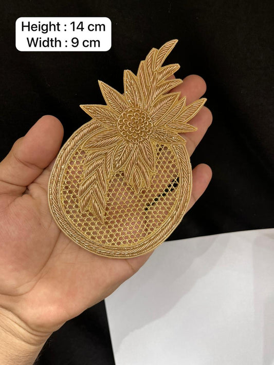 Handcrafted Pineapple Zardozi Patch for Sarees, Lehengas & Blouses – Designer Embroidered Fruit Motif Applique Patch | Antique Color