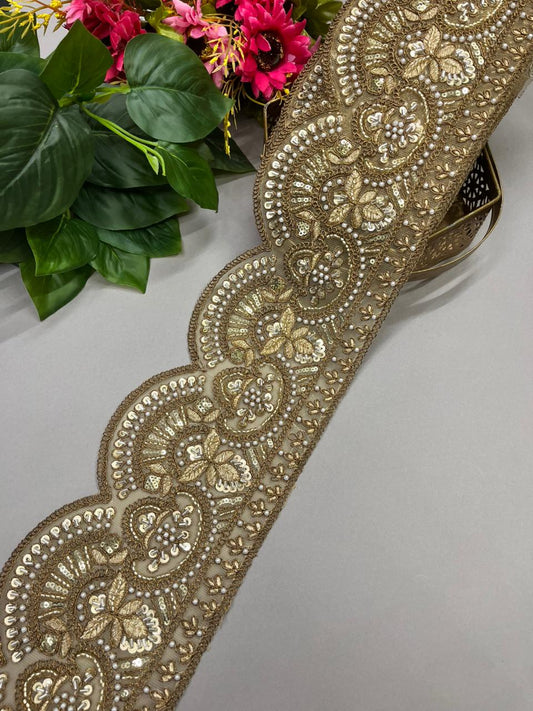 Embroidered Cutdana Work Laces for Lehengas – Premium 4.5 Inch Heavy Decorative Border for Bridal & Festive Wear (9 Meter) | Antique