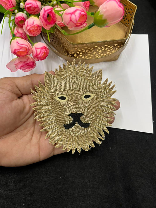 Handcrafted Zardozi Lion Patch Applique for Sarees, Blouses & Dresses – Designer Embroidered Lion Motif Patch | Antique
