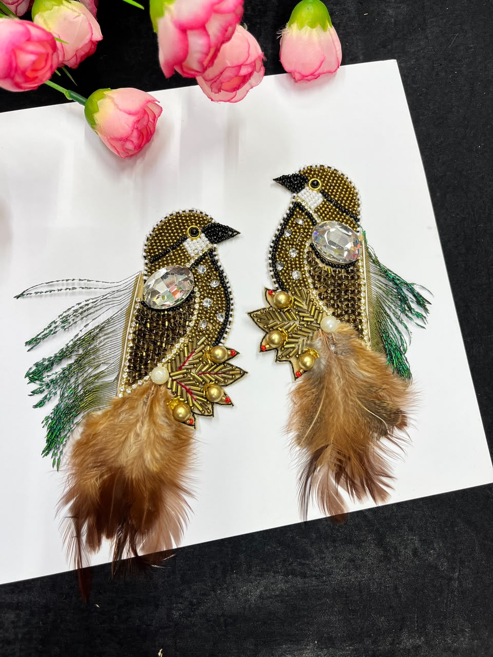 Handcrafted Feather Bird Patches for Sarees, Lehengas, Blouses & Dresses – Designer Bird Applique Set of 2 | DC1045 | Antique