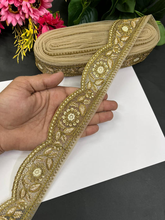 Zari Embroidery Scalloped Lace – Premium 2 Inch Gold Embroidered Border for Sarees, Dupattas, Lehengas & Festive Wear (9 Meter) | Antique