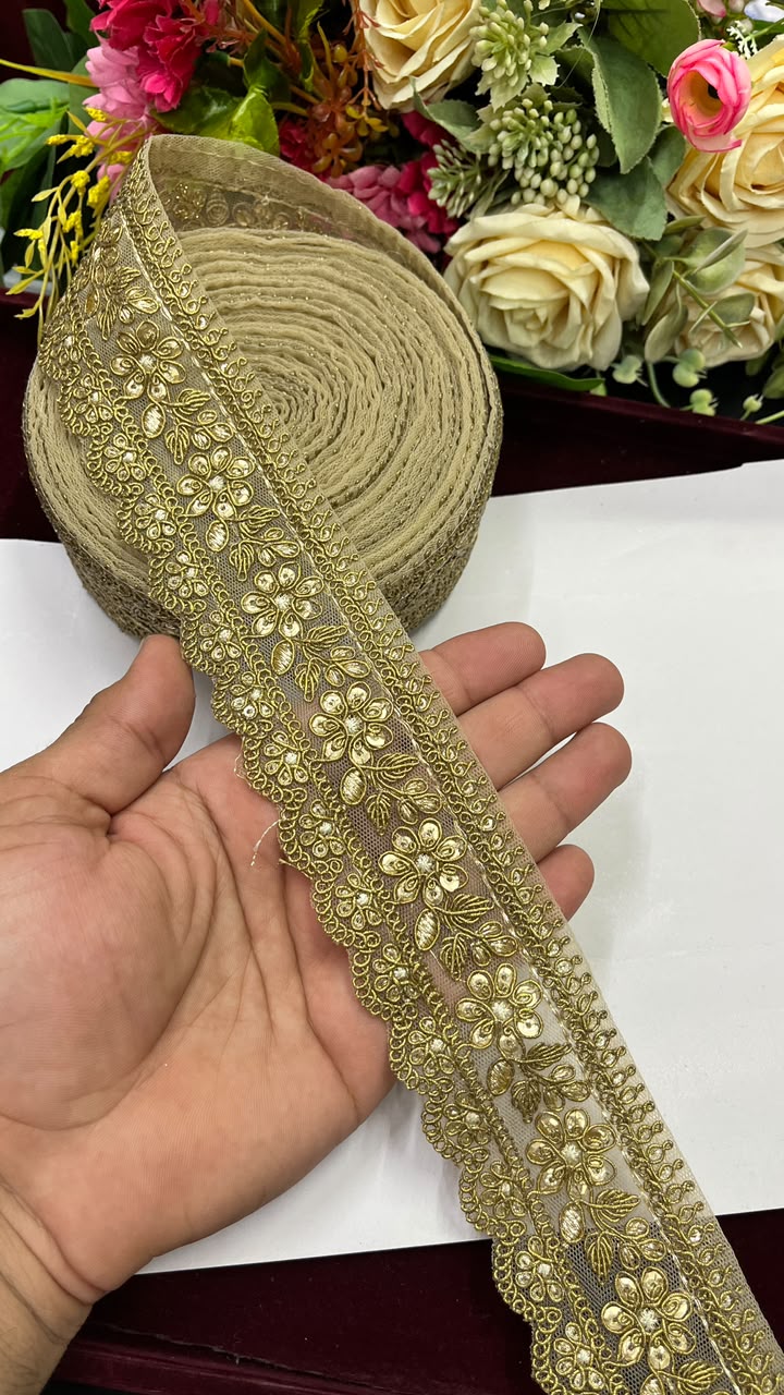 Golden Sequin Work Embroidered Saree Lace for Sarees, Lehengas, Dupattas & Blouses – Designer Gold Embroidery Lace Border (2 Inch) | DC1073 | Antique