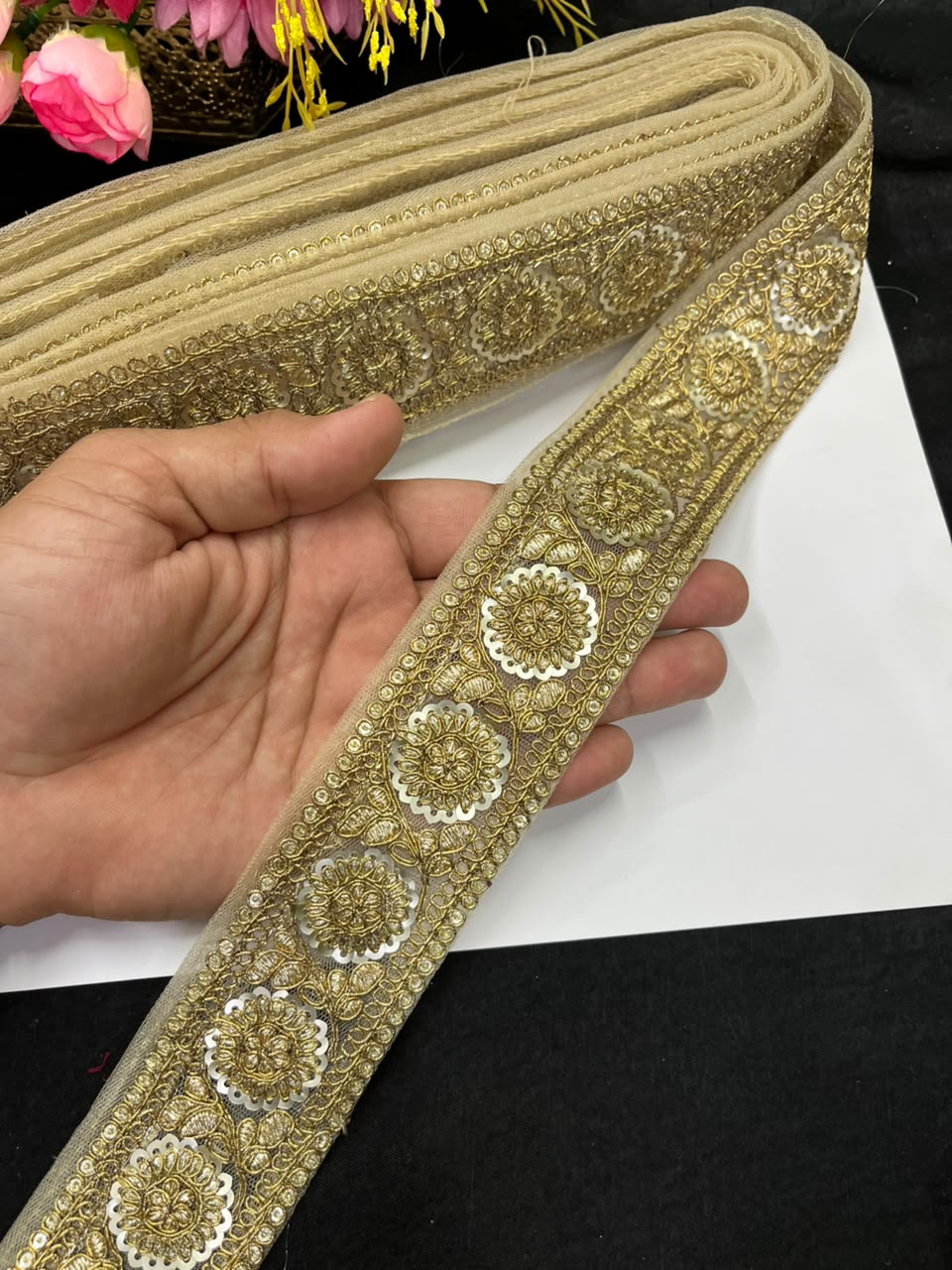 Golden Zari Embroidered Lace on Net Fabric for Sarees, Lehengas & Dupattas – Designer Embroidered Lace Border (1.5 Inch) | Antique