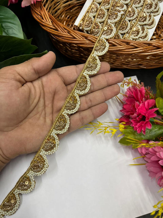 Beautiful Scalloped Zardozi Pearl Lace – Premium Handmade Ethnic Lace Border for Sarees & Dupattas | Antique