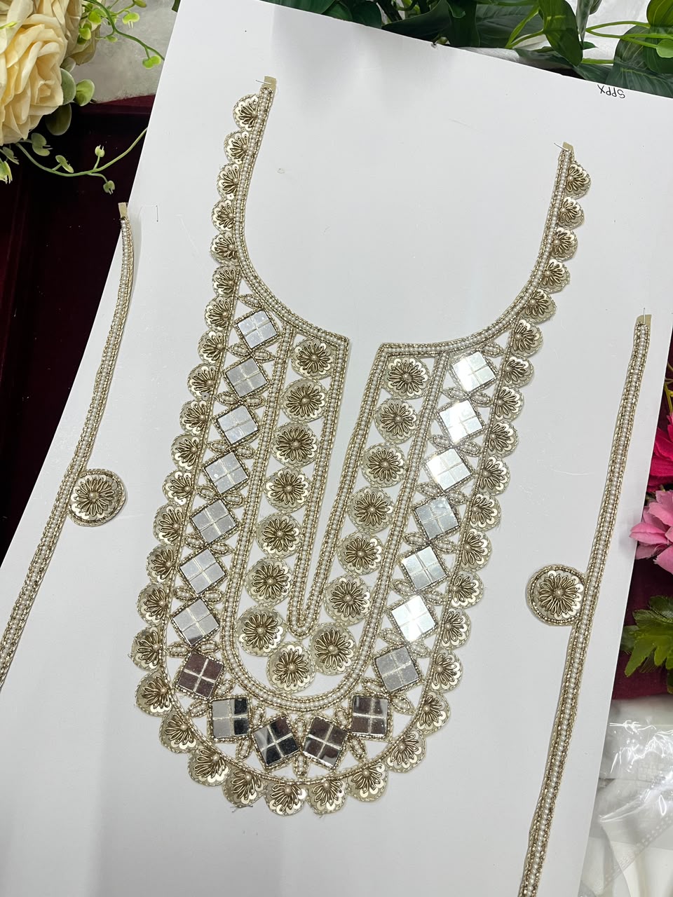 Handmade Mirror Work Neck Patch for Kurtis, Dresses & Blouses – Designer Handcrafted Mirror Neckline Applique | DC1005 | Antique