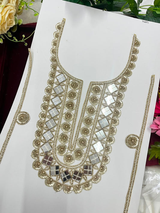 Handmade Mirror Work Neck Patch for Kurtis, Dresses & Blouses – Designer Handcrafted Mirror Neckline Applique | DC1005 | Antique