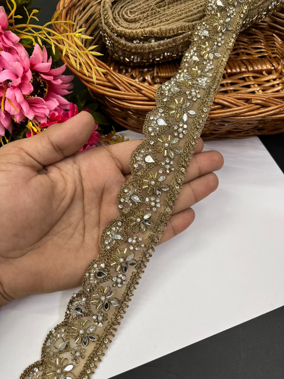Elegant Real Mirror Lace with Rhinestone – Premium 1.5 Inch Designer Mirror Work Border for Sarees, Dupattas, Lehengas & Couture Wear (9 Meter) | Antique