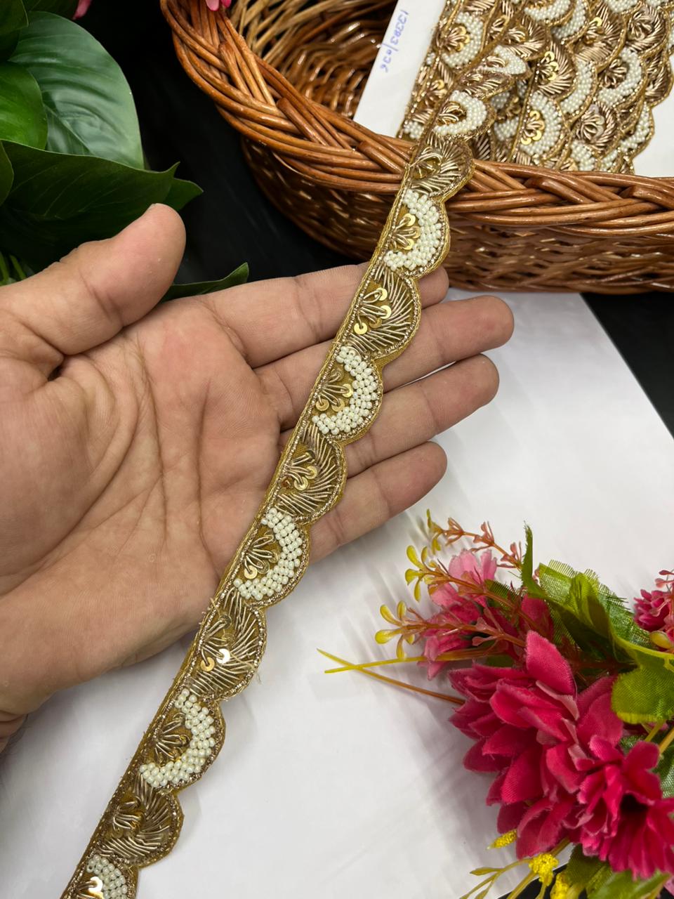 Handcrafted Scalloped Zardozi Lace with Pearl – Premium Handmade Ethnic Lace Border for Sarees & Dupattas | Antique