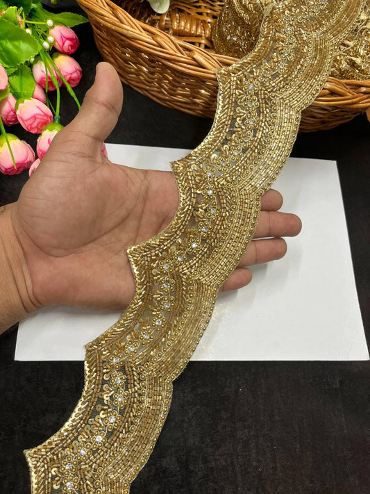 Beautiful Handcrafted Zardosi Stonework Scalloped Lace – Premium Designer Border Trim for Sarees, Lehengas & Dupattas (9 Meter, 3 Inch Width) | Antique
